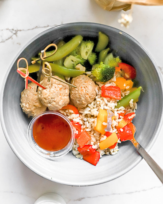 Meal - General Tsao Style Pork Balls Over Mixed Veggies & Rice Noodles